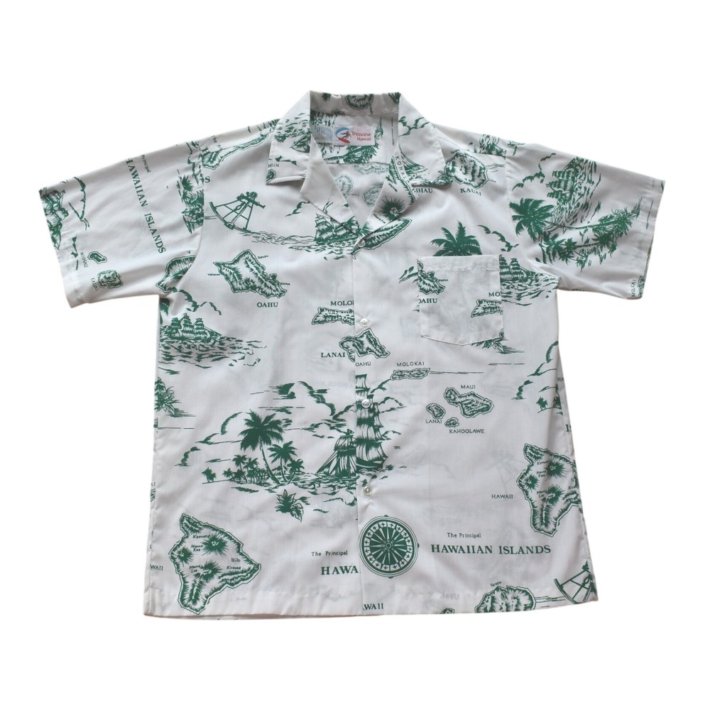 Vintage Retro Men Shoreline Hawaii Button Down Short Sleeve White Camp Shirt L